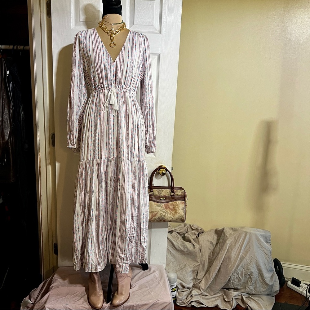 Wms Cotton Lined Boho Prairie Festival‎ Southwestern Print Tassel Maxi Dress S